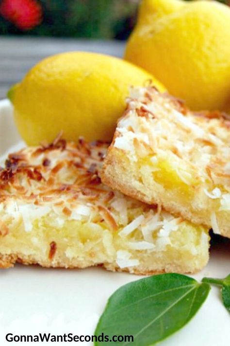 My delicious lemon coconut bars have a sweet shortbread crust and a lovely blend of lemon and coconut flavors. This is perfect for any occasion! #LemonBars #CoconutBars #LemonDesserts Lemon Coconut Bars, Sweet Slices, Holiday Deserts, Coconut Squares, Breakfast Cakes, Tropical Desserts, Lemon Bar, Lemon Squares, Coconut Desserts