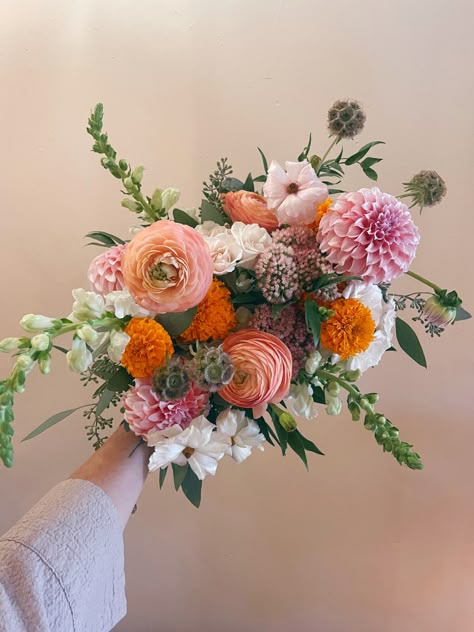 Dahlia Rose Bouquet, Ranaculas Wedding Bouquet, Late Summer Bridal Bouquet, Marigold Bouquet Wedding, Marigold Wedding Bouquet, Late Summer Wedding Flowers, Ranunculus Bouquet Wedding, Late Summer Wedding Colors, Bridal Bouquet With Dahlias