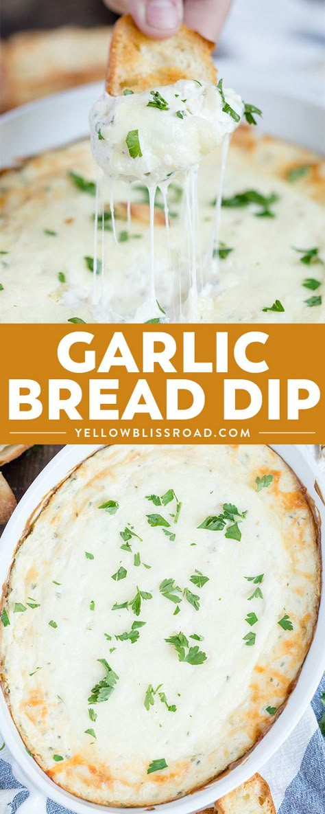 This Garlic Bread Cheese Dip has tons of creamy cheeses and roasted garlic - all the flavors of your favorite side dish in a delicious appetizer dip! Garlic Bread Dip, Garlic Bread Cheese, Chips Dip, Garlic Dip, Bread Dip, Bread Cheese, Cheesecake Dip, Dip Recipes Easy, Baked Garlic