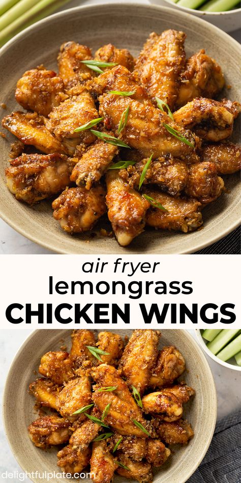 Lemongrass Sauce, Lemon Grass Chicken, Lemongrass Recipes, Wings Recipe Baked, Sticky Chicken Wings, Chicken Oven, Lemongrass Chicken, Sticky Chicken, Air Fryer Chicken Wings