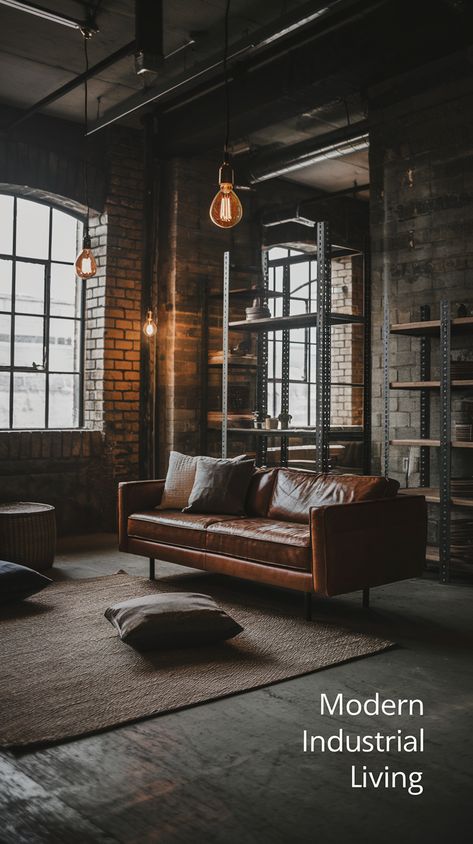 Modern industrial living room with dim lighting, leather sofa, Edison bulb lights, metal shelves, wooden accents, and large windows Lighting Texture, Industrial Style Living Room, Industrial Livingroom, Reclaimed Wood Furniture, Exposed Brick, Industrial Chic, Metallic Accents, Wood Furniture, Reclaimed Wood