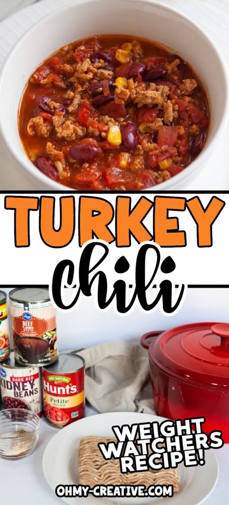 This Weight Watchers chili recipe with ground turkey is healthier just by replacing ground beef with turkey – and lower in points! Ww Chili Recipe 0 Point Crockpot, Ww Chili Recipe Weight Watchers, Macro Friendly Turkey Chili, Ww Turkey Chili, Ground Turkey Chili Recipe Easy, Ww Ground Turkey Recipes, Ww Chili Recipe, Weight Watchers Ground Turkey Recipes, Weight Watchers Turkey Chili