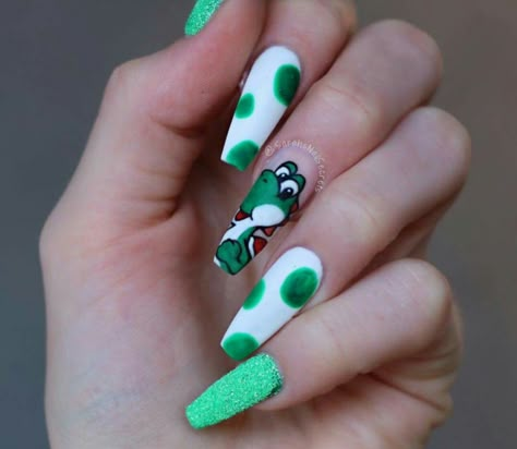 Yoshi Nails, Nintendo Nails, Springtime Nails, Nails Polygel, Finger Nail Designs, Cool Nail Ideas, Nail Aesthetic, St Patricks Day Nails, Nail Colours