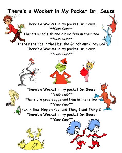 Simple Dr. Seuss Song for Kids!  "There's a Wocket in My Pocket, Dr. Seuss" Great for Dr. Seuss Week. Dr. Suess, Dr Seuss Preschool Activities, Dr Seuss Preschool, Dr Seuss Classroom, Dr Seuss Activities, Dr Seuss Crafts, Seuss Classroom, Seuss Crafts, Classroom Songs