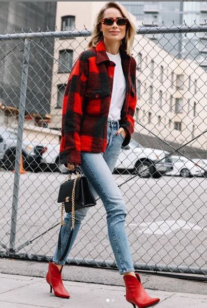 Rocker Outfits For Women, Plaid Jacket Outfit, Red Plaid Jacket, Shacket Outfit, Red And Black Jacket, Plaid Shirt Outfits, Rocker Outfit, Black Leather Pencil Skirt, Rocker Look