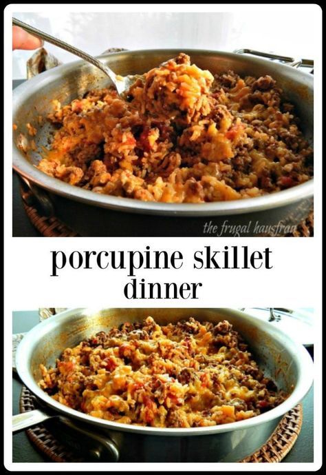 Porcupine Casserole, Ground Pork Skillet Recipes, Porcupine Skillet, Porcupine Skillet Meal, Electric Skillet Meals, Porcupine Meatballs With Minute Rice, Porcupine Meatballs Rice A Roni, Ground Beef Porcupine Meatballs, Saladmaster Recipes