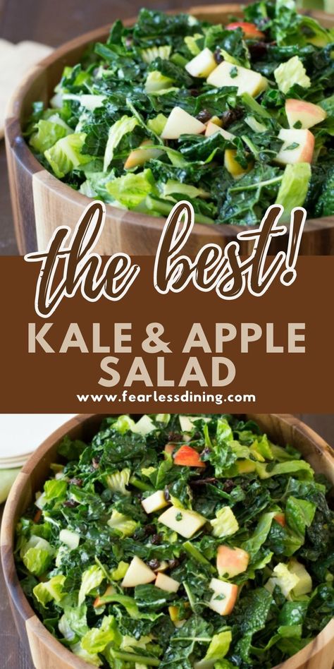 The whole family will love this easy kale and apple salad. Even your kale haters will want more. Perfect to serve at dinner, or enjoy over the holidays. Full of juicy fall apples, this salad recipe is sure to make a great side dish. fearlessdining Kale And Apple Salad, Recipes Pescatarian, Apple Recipes Easy Healthy, Kale Apple Salad, Kale Salads, How To Make Kale, Apple Recipes Healthy, Salad Kale, Apple Salad Recipes