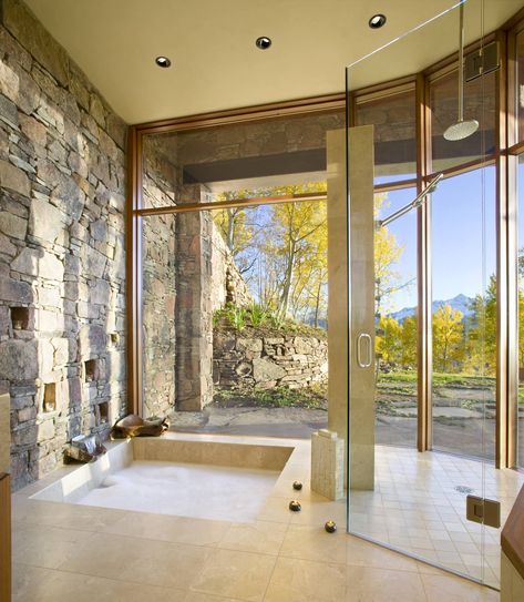 Sunken Bathtub With a View | 20 Sunken Bathtubs Full of Elegance and Relaxation | Decoist Sunken Bath, Sunken Bathtub, Sunken Tub, Indoor Hot Tub, Stone Accent Walls, Sophisticated Bathroom, Bathtub Remodel, Natural Stone Wall, Stone Bathroom