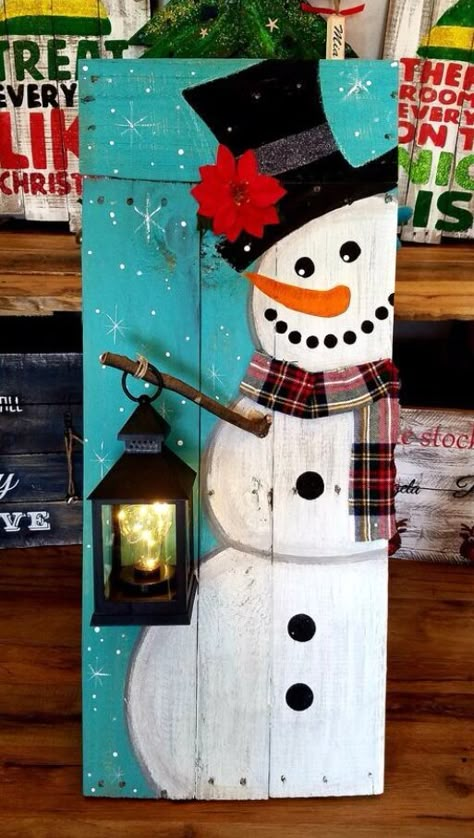 Pallet Wood Signs Ideas, Wooden Snowman Ideas, Diy Painted Christmas Signs, Xmas Pallet Ideas, Wooden Sign Ideas Diy, Pallet Holiday Projects, Christmas Wood Signs Porches, Pallet Christmas Signs, Painted Christmas Crafts