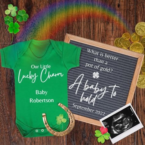 St Patricks Pregnancy Announcement Ideas, Saint Patrick’s Day Pregnancy Announcement, St Patrick’s Gender Reveal, St Patrick’s Day Baby Shower Theme, St Patricks Day Baby Announcement, March Baby Announcement, March Pregnancy Announcement, Prego Announcement, Rainbow Pot Of Gold