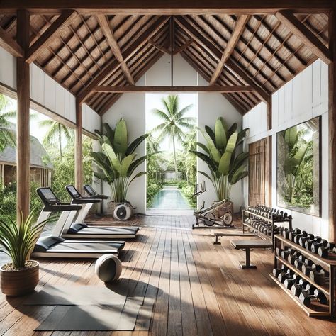 Wellness Resort Architecture, Bali Resort Interior, Bali Gym, Outdoor Furniture Layout, Tropical Spa, Garden Gym, Bali Style Home, Jungle House, Resort Architecture