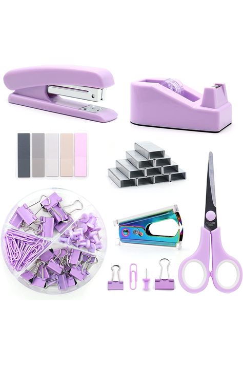 Purple Office Supplies, Pink Office Supplies, Purple Desk, Purple Office, Binder Paper, Staple Remover, Office Supplies Desk Accessories, Binding Supplies, Stationery Essentials