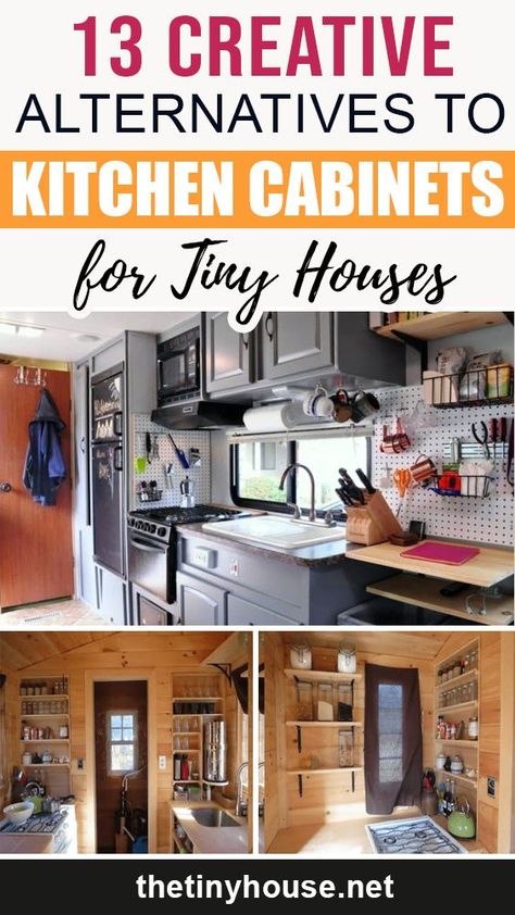 Your tiny house does not have any extra space for cabinets? Check out creative alternatives to kitchen cabinets. Kitchen Cabinet Alternatives, Tiny House Storage Ideas, Tiny House Hacks, Cabin Storage, Kitchen Organizing Ideas, Tiny House Furniture, Small Kitchen Cabinets, Tiny House Storage, Diy Tiny House