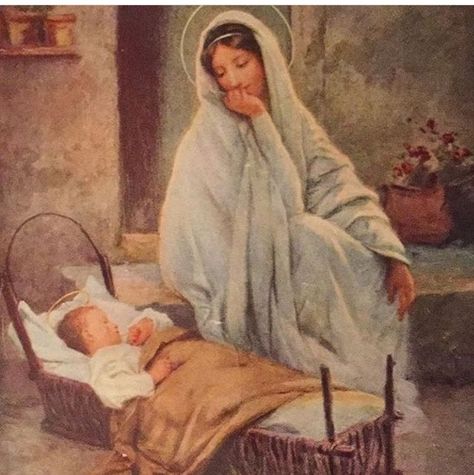 Mary watching baby Jesus Baby Jesus Painting, Mary With Baby Jesus, Bible Artwork, Catholic Wallpaper, Mary And Baby Jesus, Traditional Catholicism, Virgin Mary Art, Vintage Holy Cards, Religious Pictures