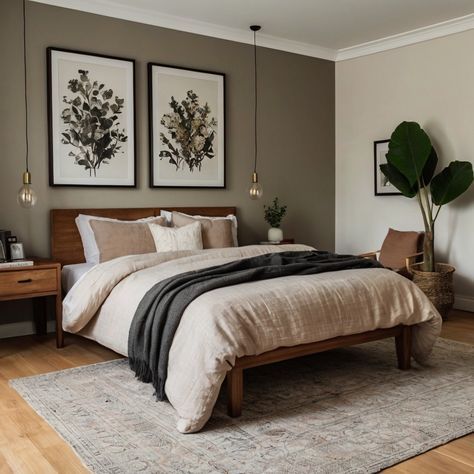 Cozy And Earthy Bedroom, Gray Earthy Bedroom, Earthy Tone Room Aesthetic, Couple Bedroom Ideas Minimalist, Cream And Dark Brown Bedroom, Dark Earthy Bedroom Minimalist, Grey Olive Green Bedroom, Brown Neutrals Bedroom, Gray And Natural Wood Bedroom