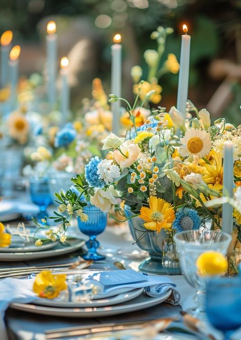 My Images Yellow Party Decorations, Lemon Table Decor, Formal Dinner Setting, Mediterranean Table, Blue Yellow Weddings, Blue Table Settings, Wedding Theme Color Schemes, Yellow Wedding Theme, Wedding Color Pallet