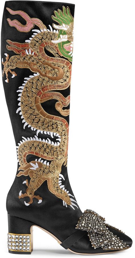 Dragon Boots, Best Fall Boots, Embroidered Dragon, Dragon Motif, Best Boots, Gucci Brand, Fall Boots, Satin Shoes, Knee Boot