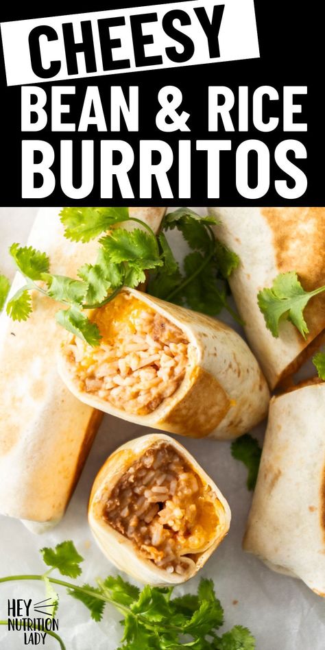 Cheesy Bean and Rice Burritos are the perfect quick and easy meal! Made with refried beans, super simple seasoned rice, and sharp cheese, this is the perfect vegetarian meal for busy nights or on the go. Bean And Rice Burrito Recipe, Bean Cheese Rice Burrito, Cheesy Bean And Rice Burrito Taco Bell, Beans And Rice Burrito, Bean And Cheese Burrito Recipe, Cheesy Bean And Rice Burrito, Burrito With Rice, Bean And Rice Burrito, Rice And Bean Burrito