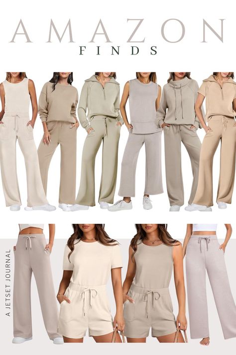 Experience the ultimate in comfort with Amazon's loungewear inspired by Air Essentials. Enjoy breathable, cozy fabrics that make you feel fabulous whether you're at home or on the go. Choose from stylish two-piece sets in various styles, including half zip tops or form-fitting tanks, and discover one-piece jumpsuits that scream comfort. Not into sets? Grab a pair of wide-leg pants to pair with any top you love. Keep scrolling to find your new favorite loungewear today! Best Amazon Two Piece Sets, Womens Two Piece Outfits Matching Set, Lounge Wear Capsule Wardrobe, Lounge Wear Outfit Ideas, Classy Loungewear Outfit, Stylish Loungewear Outfit, Cozy At Home Outfits, Amazon Influencer Outfits, Loungewear Capsule Wardrobe