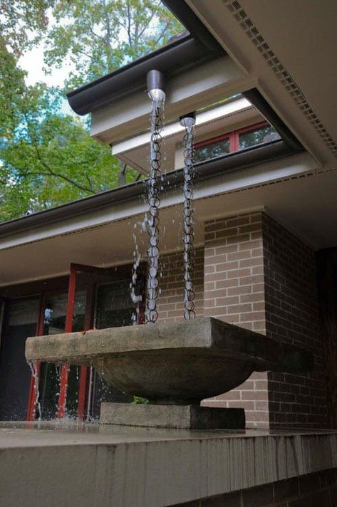 Rain Chain Water Feature, Downspout Ideas, Rain Chain Garden, Craftsman Entry, Gutter Drainage, Rain Chains, Prairie Style Houses, Drainage Solutions, Concrete Bowl