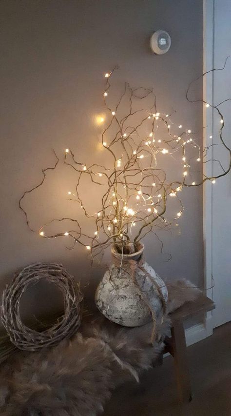 Cozy Pendant Lighting, Vase Lights, Fairy Lights In Trees, Decorating With Sticks, Christmas Decora, Tree Branch Decor, Candy Land Christmas Door, Dish Drying Rack, Diy Display