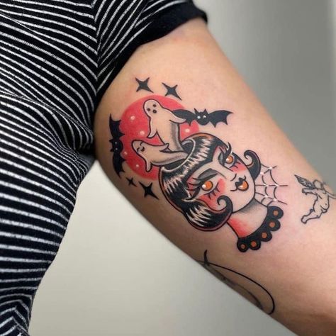 Traditional Carebear Tattoo, Traditional Tattoo Style Art, Traditional Color Tattoo Sleeve, Spooky Color Tattoo, Spooky Mom Tattoo, Beistle Halloween Tattoo, American Traditional Haunted House Tattoo, Halloween Trad Tattoo, Halloween Tattoo Color