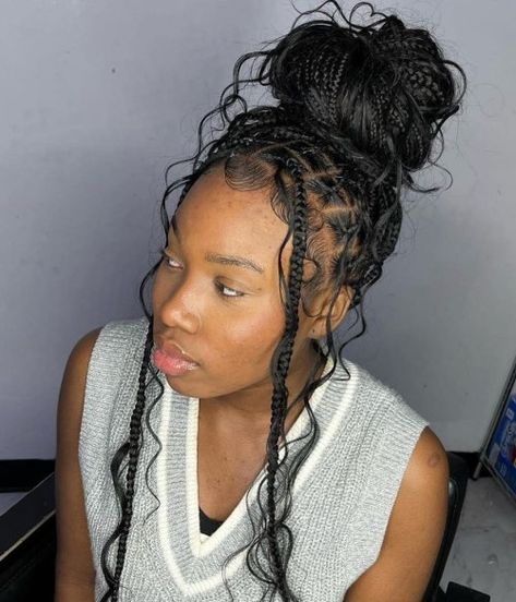 Messy Bun for Braids and Curls Bohemian Braids In A Bun, Messy Bun With Boho Braids, Braids In A Bun With Curls, Goddess Braids In Ponytail, Goddess Braids Messy Bun, Messy Bun Braids Black Women, Bun With Goddess Braids, Box Braid Messy Bun, Messy Bun With Braids Hairstyles