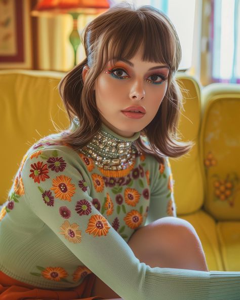 Let’s get groovy 🌸✌🏻 Travel back in time with me today and enjoy some flower power fashion 🥰 Sometimes I think I was born in the wrong time period 🤭 I love everything sixties and especially all the amazing patterns and hairstyles! This set was so much fun to work on and I hope you enjoy it too 💖 Inspired by the amazing Twiggy makeup looks of @creative_by_sabina 💄💋 Go check out her profile! #sprinkleofai #aifashion #fashion #sixties #60s #retro #vintage #vintagestyle #vintagefashion #re... 70s Flower Pattern Outfit, Flower Power Outfit, Twiggy Flower Makeup, 1960s Flower Power, 60s Flower Dress, 60s Floral, Twiggy Makeup, Candy Photoshoot, Flower Power Fashion