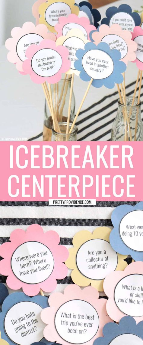 Table Centerpieces For Womens Retreat, Get To Know You Party, Fun Work Ice Breaker Games, Staff Get To Know You Activities, Centerpieces For Conference Events, Getting To Know You Questions For Coworkers, Meet And Greet Ideas For Women, Women Bonding Activities, Mops Ice Breaker Games