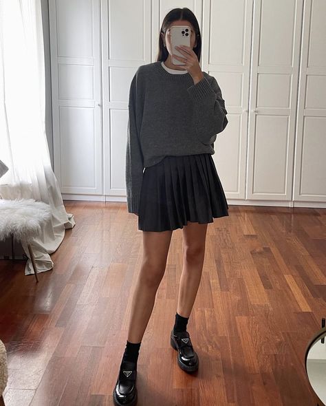 Winter Outfit Smart Casual, Skirt And Loafers Outfit Winter, Big Sweater Mini Skirt Outfit, Sweater Dress With Loafers, Chunky Loafer Winter Outfit, Plaid Skirt And Loafers Outfit, Autumn Skirt Outfits 2024, Loafers And Midi Skirt, Midi Skirt And Loafers Outfit