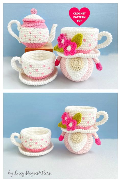 10+ Tea Set Amigurumi Crochet Patterns Free and Paid - Page 4 of 4 Crochet Tea Cup, Cupcake Crochet, Crochet Pour Halloween, Crochet Cupcake, Birthday Basket, Halloween Crochet Patterns, Crochet Food, Crochet Amigurumi Free, Gnome Patterns