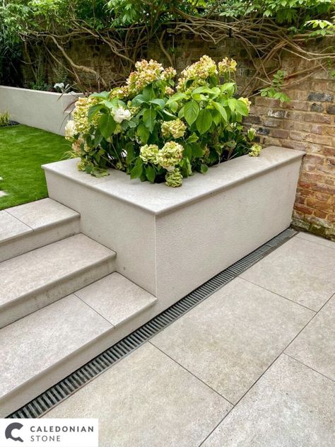 Patio Steps To Pool, Garden With Steps Down, Steps Into Garden From House, Steps Into Garden, Steps Down To Front Door, Tiled Garden Steps, Outdoor Garden Steps Ideas, Steps From Patio To Garden, Patio Design With Steps