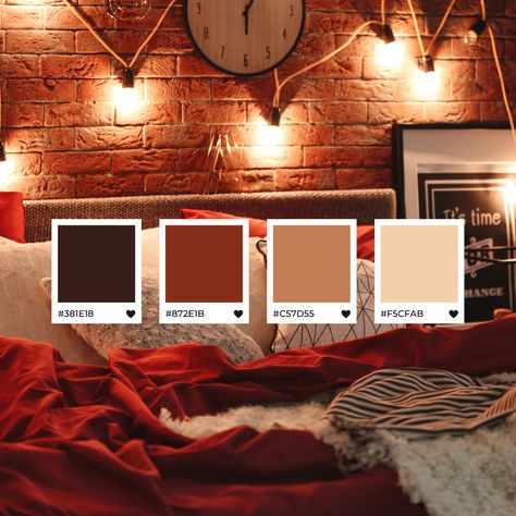 Red Brown Interior, Cream And Red Bedroom, Red And Brown Room, Brown Red Bedroom, Red And Cream Color Palette, Red And Beige Bedroom, Red Bedding Ideas Bedrooms, Cozy Red Bedroom, Red And Brown Bedroom