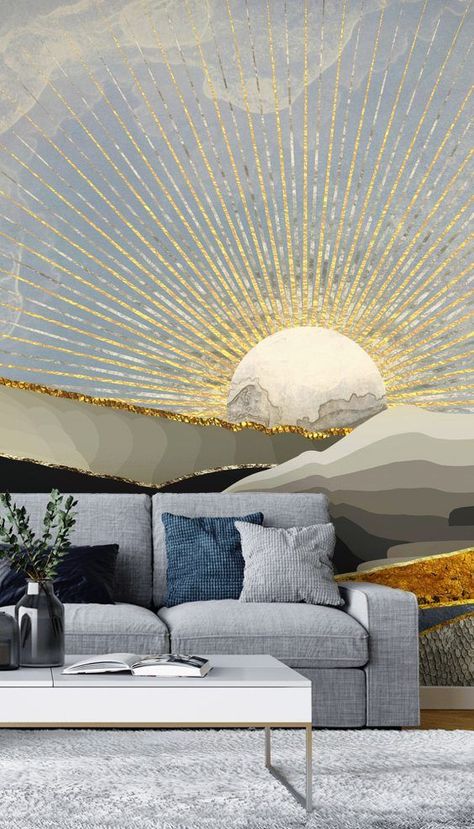 Sun Mural, Walls With Wallpaper, Fabulous Wallpaper, Sun Wallpaper, Designs Wallpaper, Wall Pop, Accent Wall Ideas, Bedroom Murals, With Wallpaper