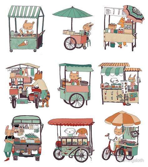 Food Stand Drawing, Food Stall Drawing, Food Stall Illustration, Street Food Drawing, Tea Shop Illustration, Stall Drawing, Stall Illustration, Street Food Illustration, Street Illustration