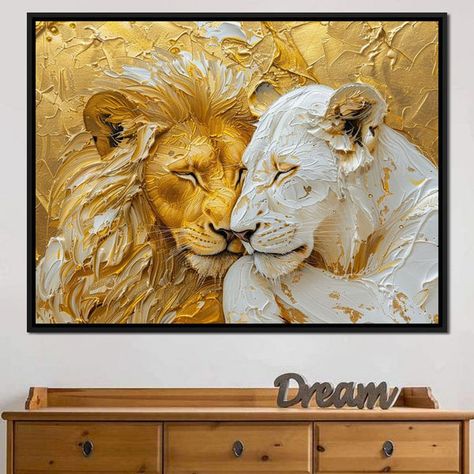 The ﻿Golden Solitude and Ivory Peace﻿ canvas print comes ready-to-hang on a premium quality canvas that is made to last. Golden Brown Wall Paint, Brown And Gold Home Decor, Lion And Lioness Painting, Golden Abstract Painting, Lion Paintings, Ivory Backdrop, Lion Decor, Abstract Lion, Majestic Lion