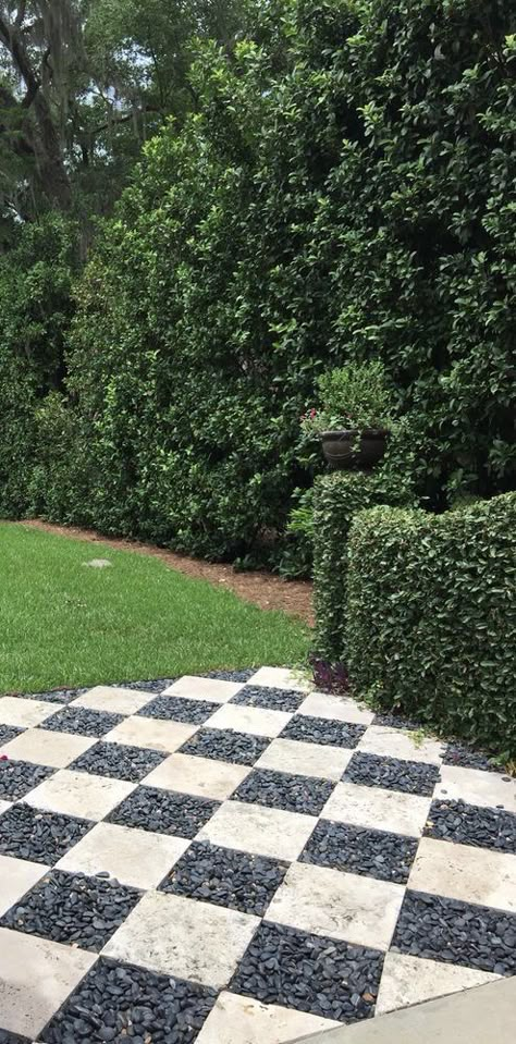 Paver Project Ideas, Front Yard Landscaping With Bench, Checkered Patio Pea Gravel, Diamond Pavers With Gravel, Checkerboard Pavers Backyard, Brick Sidewalk Front Walkway, Checkered Pavers, Yard Chess, Checkered Patio