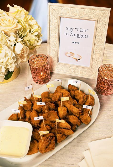 Chicken Nugget Buffet Wedding, Chicken And Waffles Wedding Reception, Chicken Tenders Wedding Reception, Chickfila Wedding Catering, Post Wedding Reception Ideas, Chick Fil A Wedding Reception, Finger Food For Wedding Reception, Chick Fil A Catering Display, Chickfila Wedding