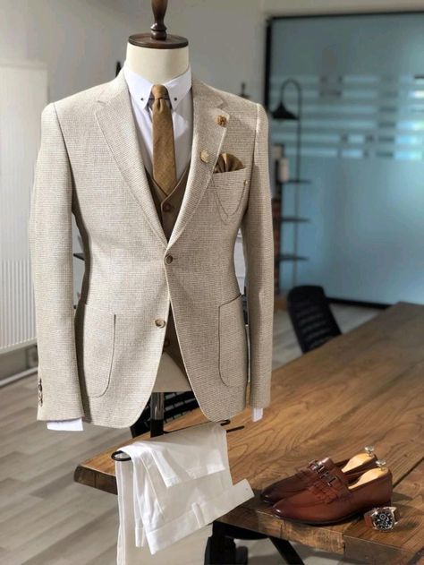 Beige Color Code, Beige Suits For Men, Costume Beige, Patterned Jacket, Stylish Mens Suits, Slim Fit Suit Men, Slim Blazer, Beige Suits, Wedding Suits Groom