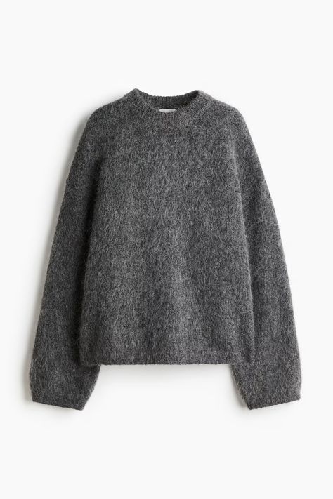 Oversized Mohair-Blend Sweater - Round Neck - Long sleeve - Dark gray melange - Ladies | H&M CA Jumper Outfit, Pull Oversize, Grey Jumper, Oversized Jumper, Cardigan Sweater Jacket, Maternity Swimwear, Oversized Pullover, Knitting Accessories, Winter Coats Jackets