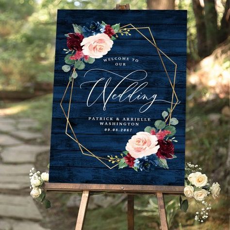 $65.90 | Navy Rustic Wood Blush Welcome to Our Wedding Sign #welcome to our wedding, wedding, country blush pink botanical roses, navy blue barn wood grain, burgundy red floral watercolor themed, geometric, rustic, eucalyptus greenery boho fall leaves, burgundy, navy blue Burgundy And Navy Wedding Decorations, Navy And Burgundy Wedding, Navy Blue And Gold Wedding, Grain Background, Welcome To Our Wedding Sign, Blue Barn, Welcome Wedding Sign, Maroon Wedding, Wedding Plan