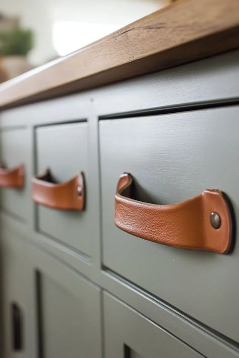 "Get creative with DIY Leather Pull Handles for a stylish cabinet update! 🛠️👜 Perfect for a personalized, high-end look. #DIYCabinetPulls #LeatherInspiration #HomeImprovement" Leather Door Pulls, Western Cabinet Hardware, Leather Kitchen Accessories, Unique Kitchen Cabinet Hardware, Leather Door Handles, Leather Pulls For Cabinets, Drawer Handles Ideas, Leather Upcycle, Rustic Kitchen Cabinet Hardware