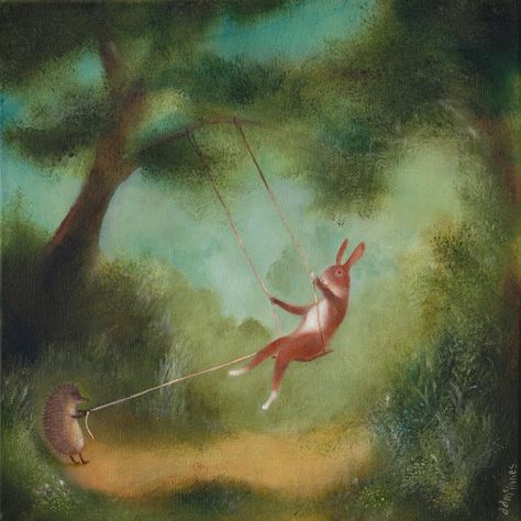 DD McInnes | Inglenookery Prelapsarian Art, Arte Peculiar, Bunny Painting, Forest Creatures, Cute Paintings, Animal Painting, The Swing, Art And Illustration, Paintings & Prints