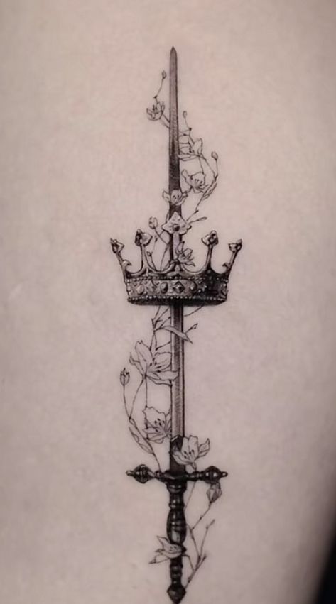 Sibilant Tattoos, Strength Inspired Tattoos, Excalibur Tattoo Design, Castlecore Tattoo, Fantasy Tattoo Arm, Fae Symbols Tattoo Ideas, Small Swords Neck Tattoo, Dark Themed Tattoos For Women, Books And Swords Tattoo