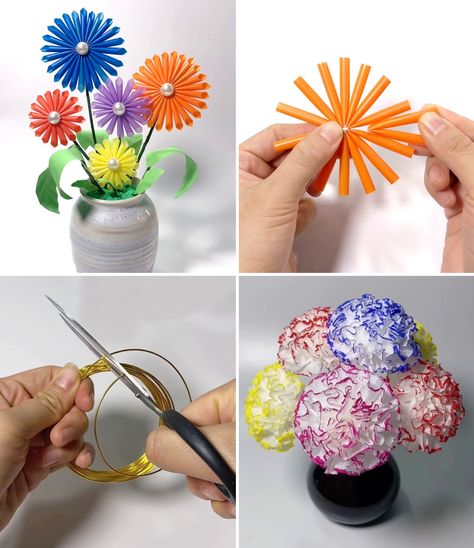 Tissue Paper & Straw Flower Décor Craft Ideas | interior design, craft, drinking straw | Beautiful & Easy DIY Flower Crafts You Can Make!! | By Simple Crafts Crafts Using Straws, Paper Straw Crafts Diy, Diy With Straws, Art Straws Projects, Straw Diy Decoration, Projects With Straws, Flowers Made Out Of Straws, Drinking Straw Crafts, Thali Decoration Ideas