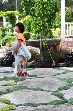 Flagstone Patio With Ground Cover, Pavers With Thyme In Between, Flagstone With Ground Cover, Creeping Thyme Between Pavers, House Pathway, Elfin Thyme, Red Creeping Thyme, Paving Stone Patio, Wooly Thyme