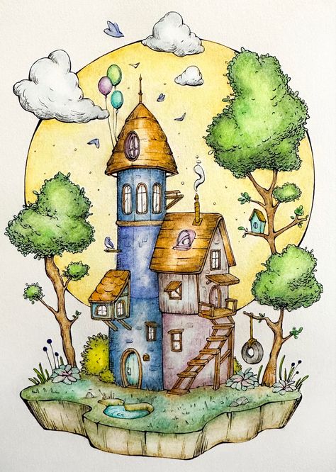 Whimsical Houses Paintings, Sketch Pen Drawings Coloring, Cute House Drawing, Fairy House Drawing, Easy Disney Drawings, Whimsical Art Paintings, Watercolor Art Journal, Art Tutorials Watercolor, Architecture Drawing Art