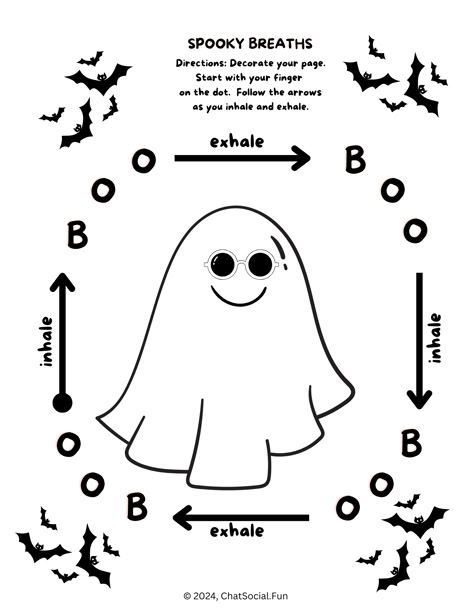 Practice the coping skills of mindful breathing with a spooky but cute twist. Ghost and bats.  Use finger trace breathing by following the word, "BOO," as you trace your finger around the ghost.  Mindful breathing is a helpful self regulation strategy to slow breathing, calm negative thoughts, and to feel more focused.  Bring on the coping skills!  Nice elementary school activity for Halloween. #mindfulnessactivities #breathwork #peaceful #meditationforbeginners #anxietyrelief #freebies Halloween Play Therapy, Halloween Therapy Worksheet, Halloween Counseling Activities For Kids, Halloween Group Therapy Ideas, Halloween Counseling Activities, Halloween Therapy Activities For Kids, Halloween Therapy Activities, Ghost In Sunglasses, Family Therapy Interventions