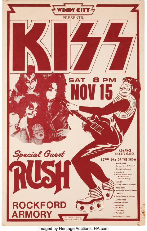 World's Largest Collectibles Auctioneer Rush Poster, Rockford Illinois, Kiss Concert, Vintage Concert Posters, Music Concert Posters, Rock Band Posters, Vintage Music Posters, Band Rock, Poster Music