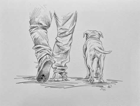 Forever by my side ♾️ Dog Walking Drawing, Walking Drawing, Hammer Drawing, Bug Art, Colouring Pics, Drawing Exercises, Yorkshire Terrier Puppies, Dog Crafts, Man And Dog